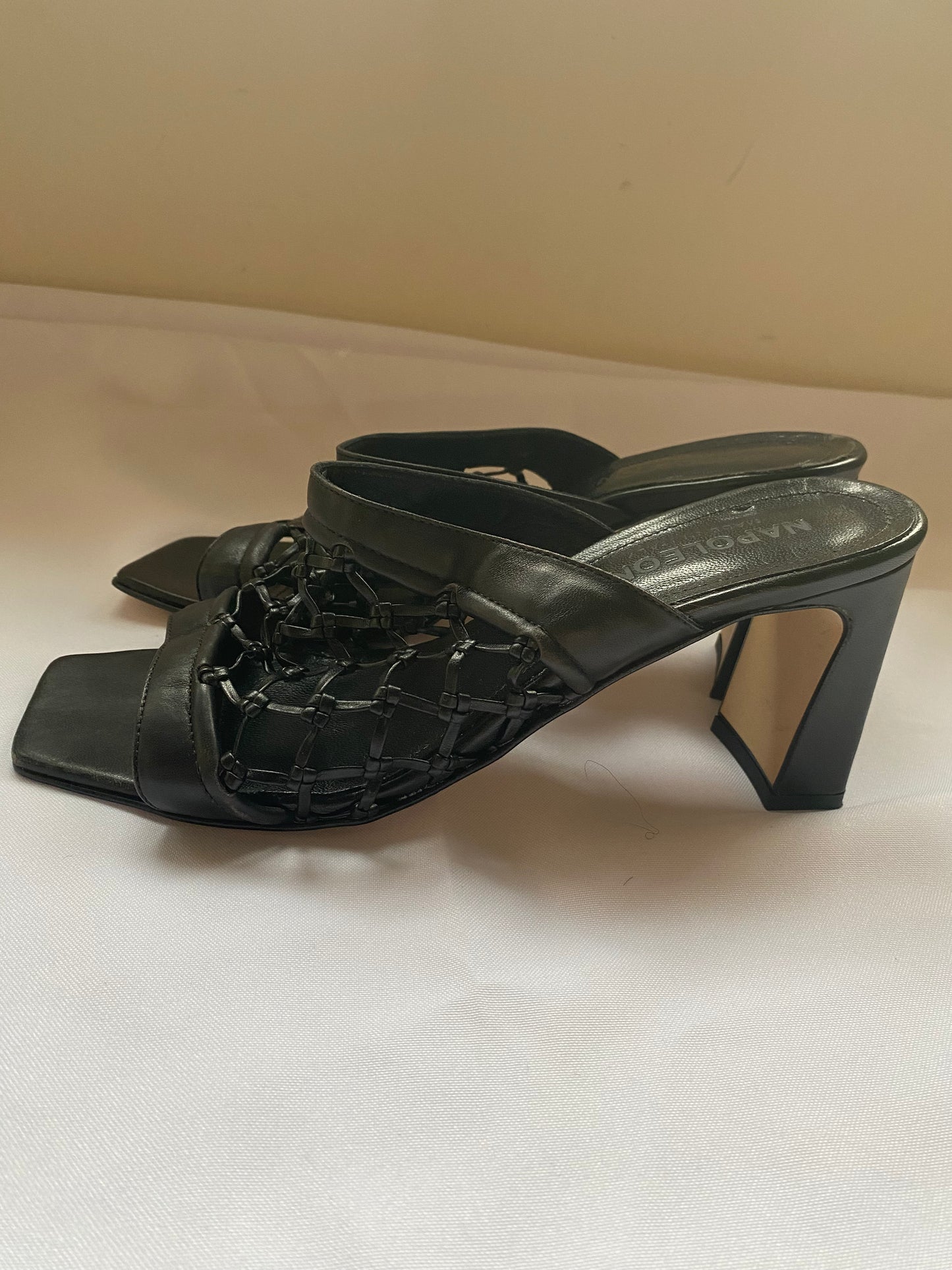 Black Leather Netted Napoleoni Mules