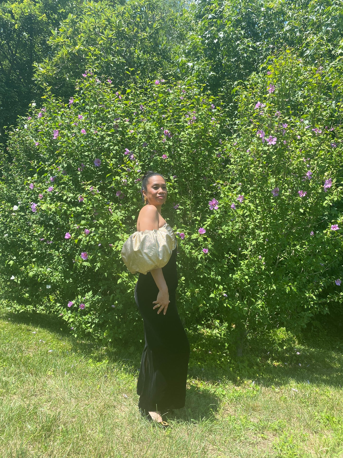 1980's Black Velvet Dress with Gold Bodice & Voluminous Sleeves