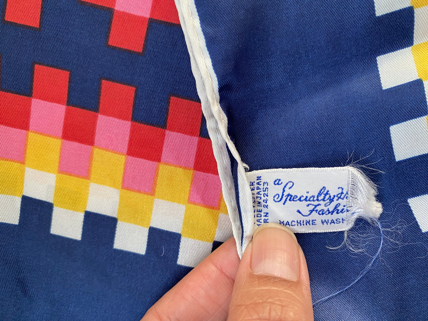 Blue Square Scarf with Geometric Shapes