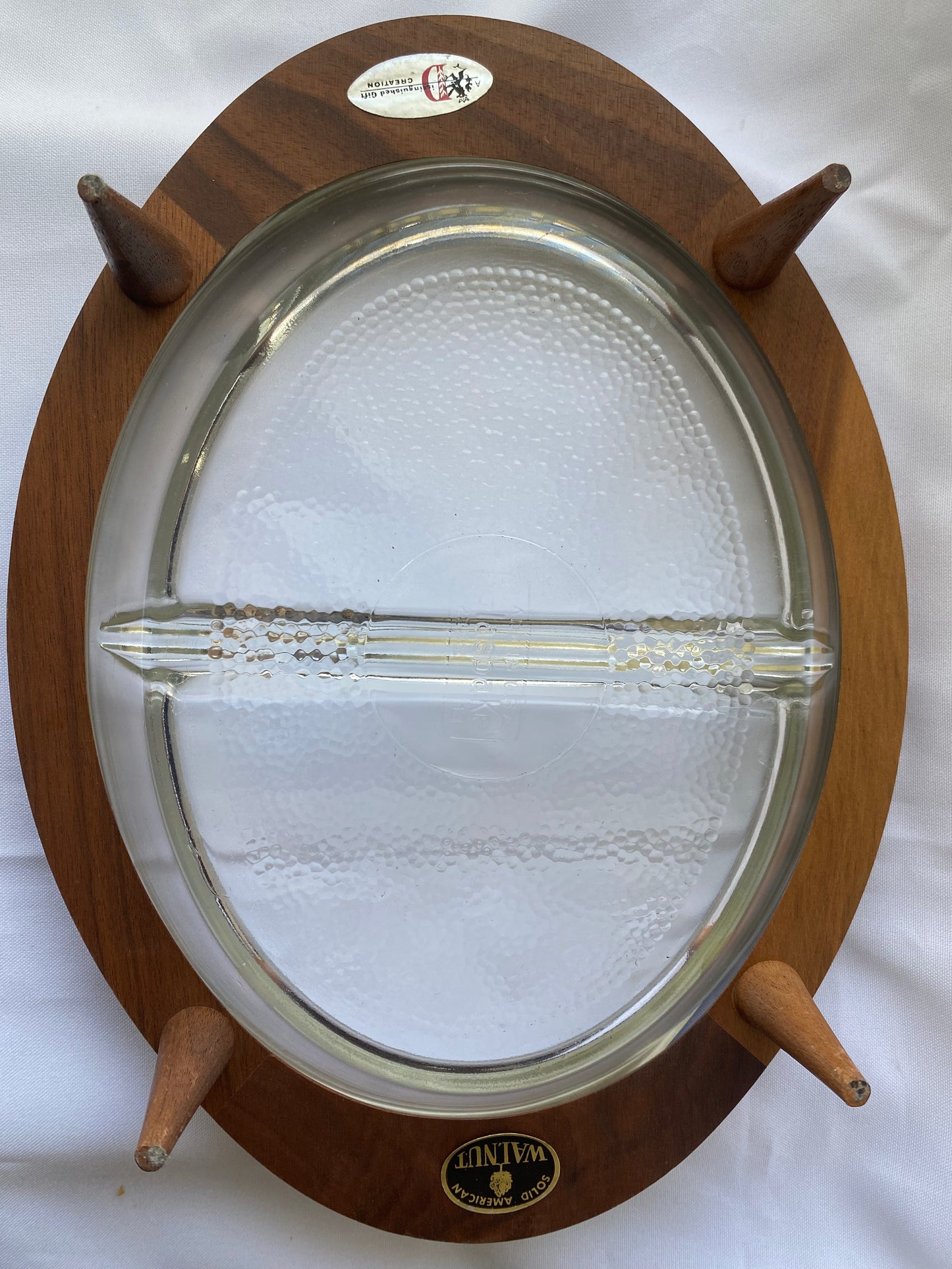 Mid Century Modern Divided Glass Dish with Walnut Stand
