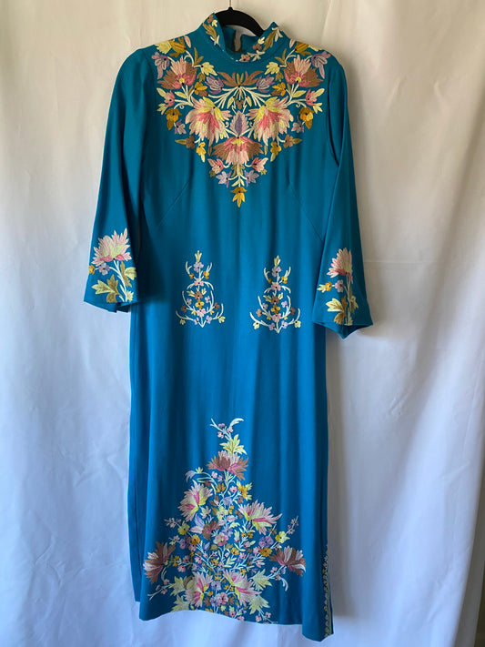 Turquoise Blue Dress w/Hand Embroidered Flowers