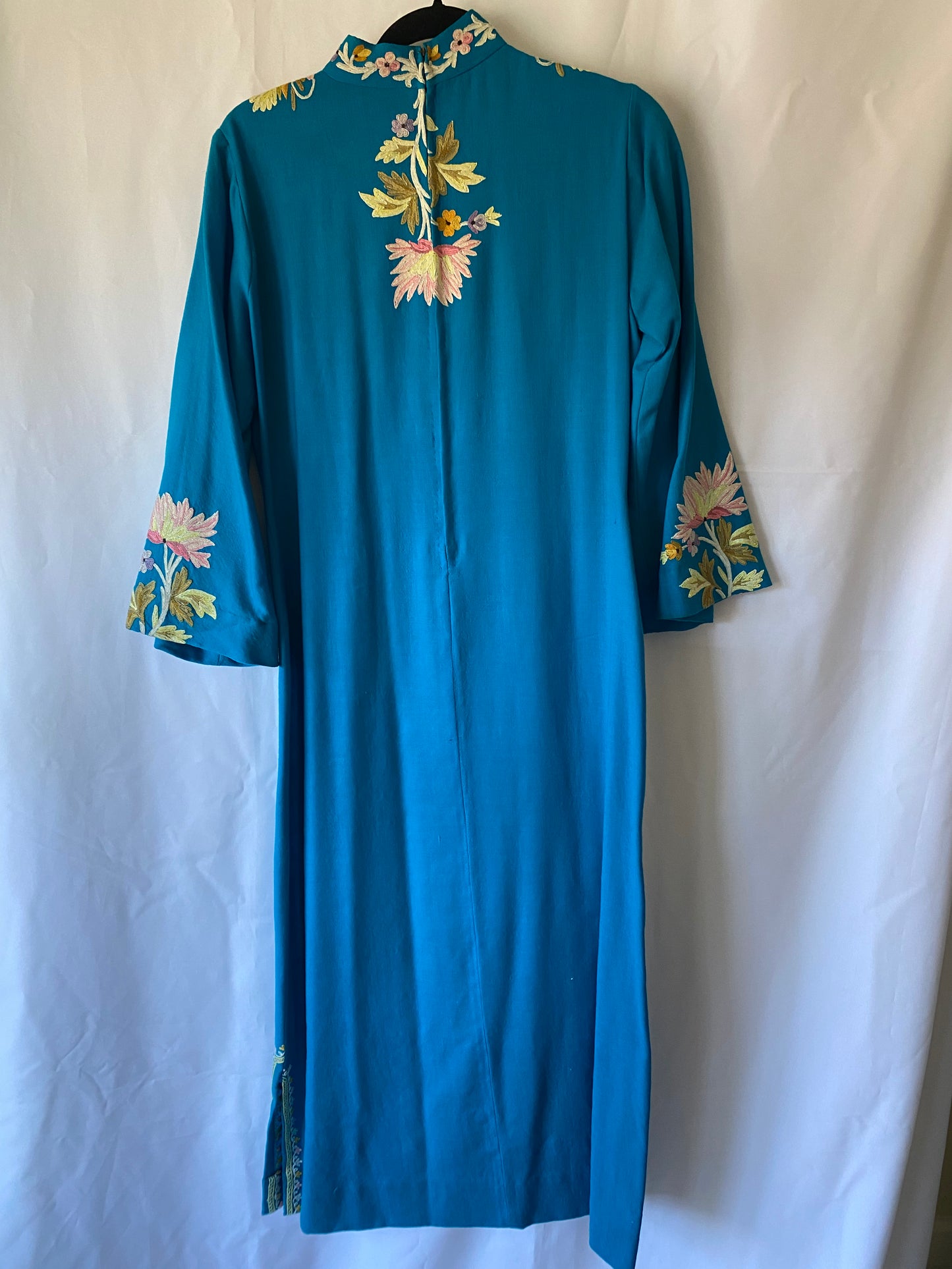 Turquoise Blue Dress w/Hand Embroidered Flowers