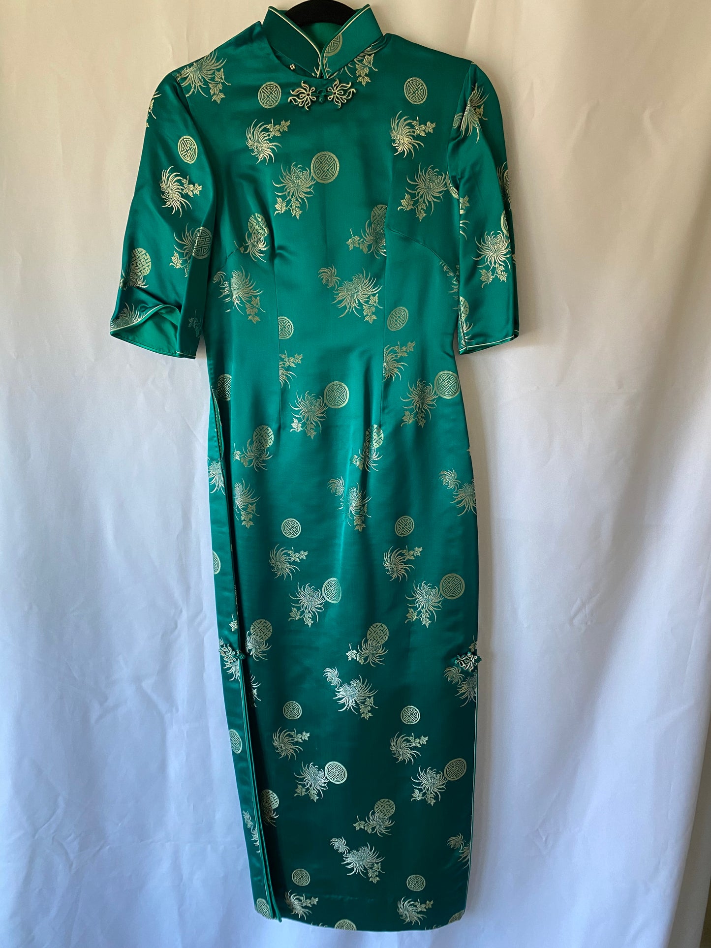 Green Chinese Silk Dress with Silver Ornamentation