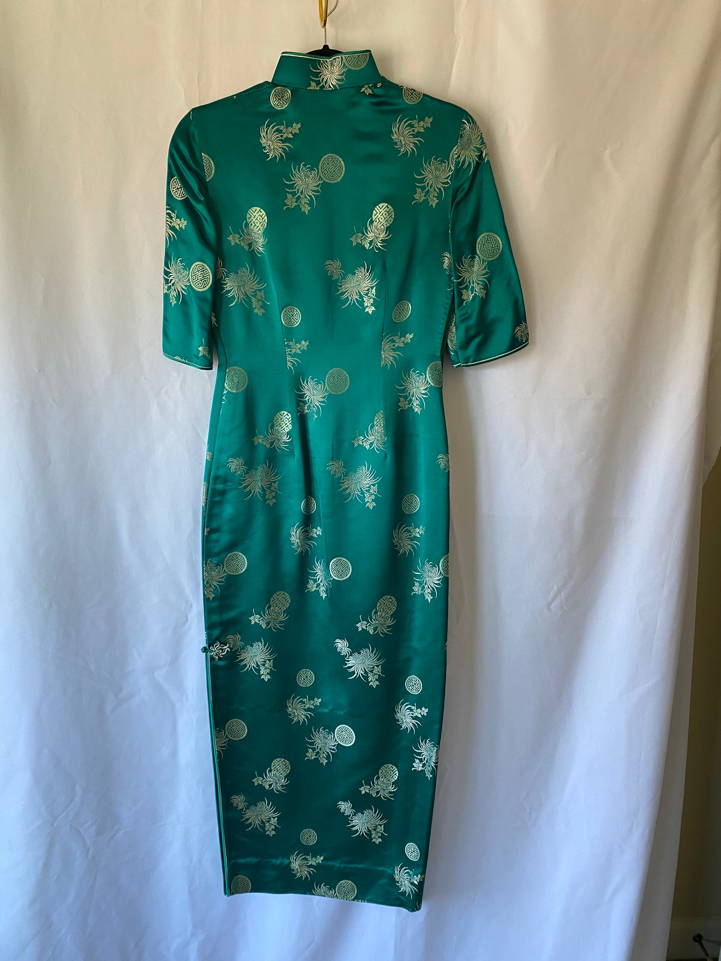 Green Chinese Silk Dress with Silver Ornamentation