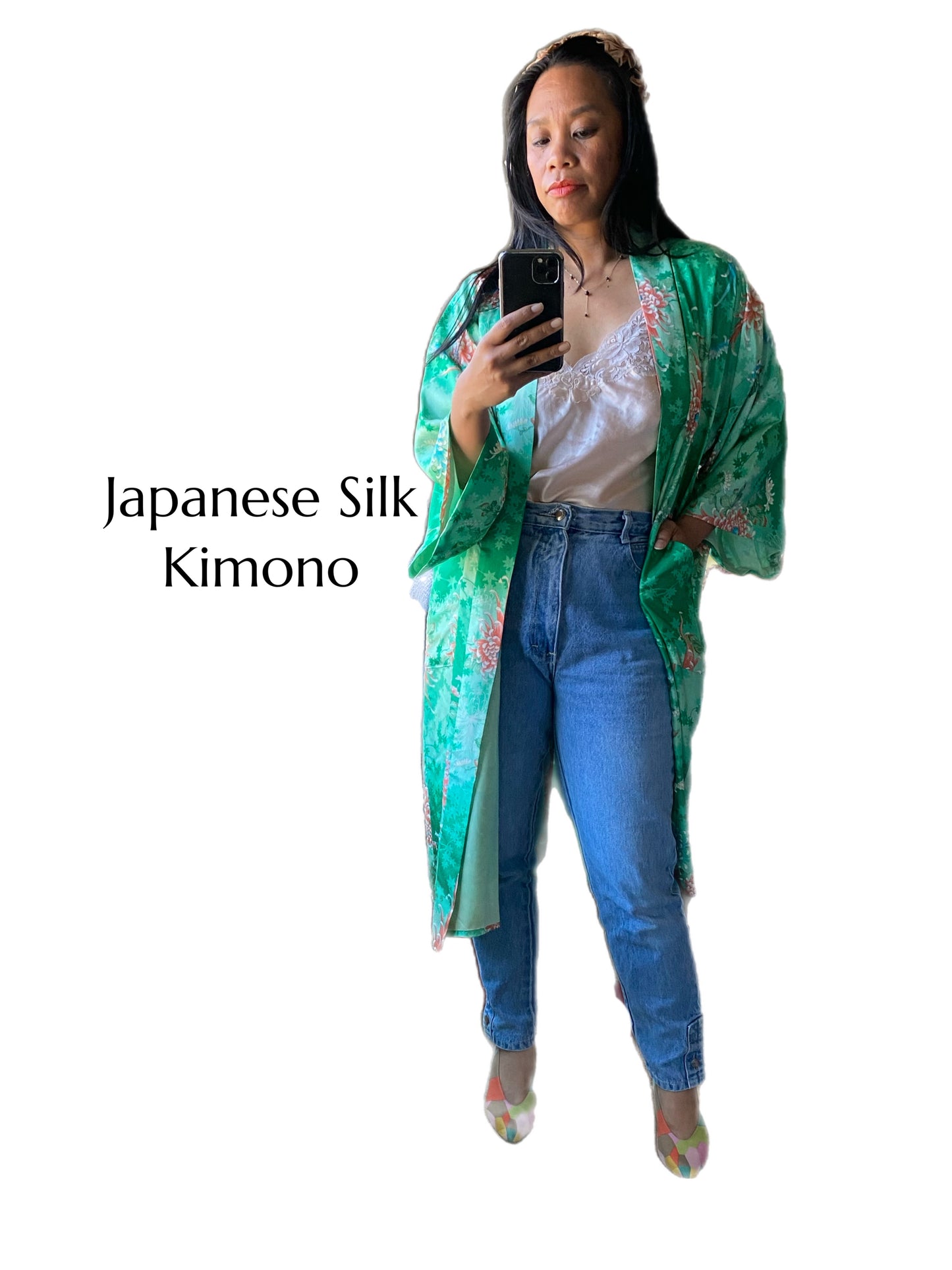 Green & Peach Silk Japanese Kimono