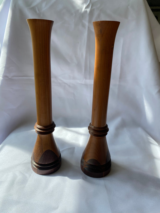 Pair of 2-Toned Wood Candlestick Holders Artist Signed