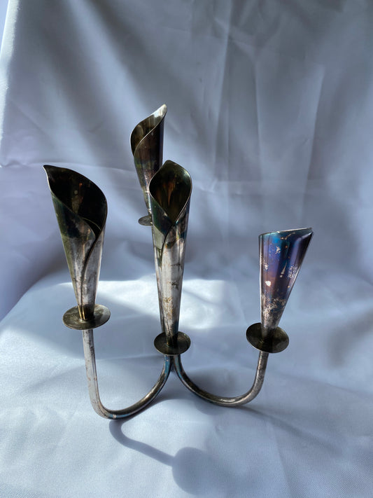 Silver Tulip Mid Century 4 Candlestick Holder