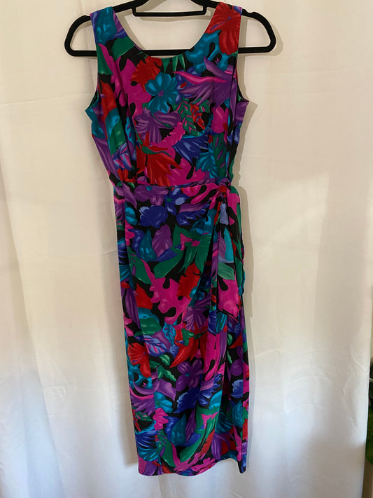 1980s Floral Print Silk Dress