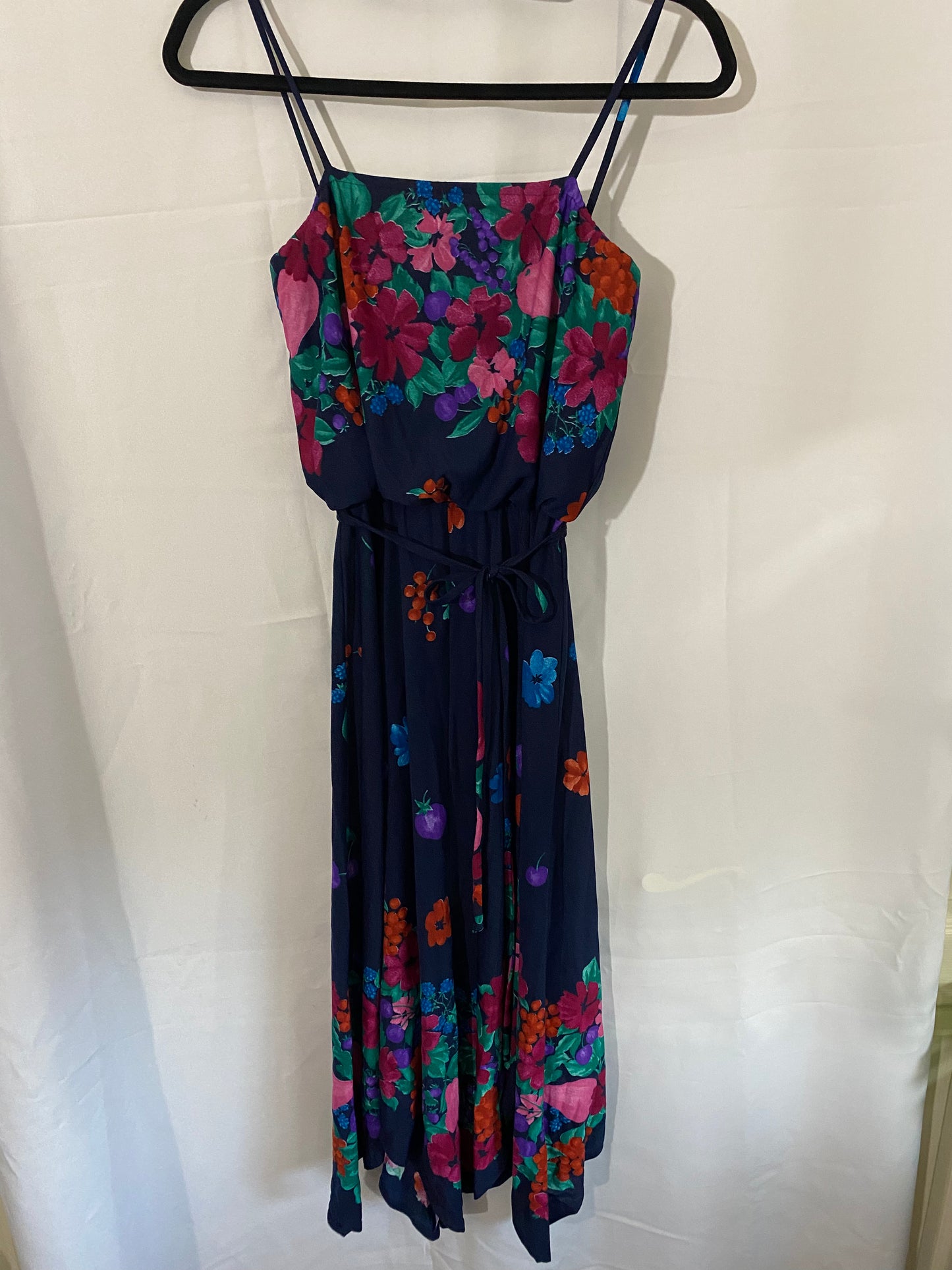 1960's Navy Dress with Purple, Pink, Red/Green Floral Pattern