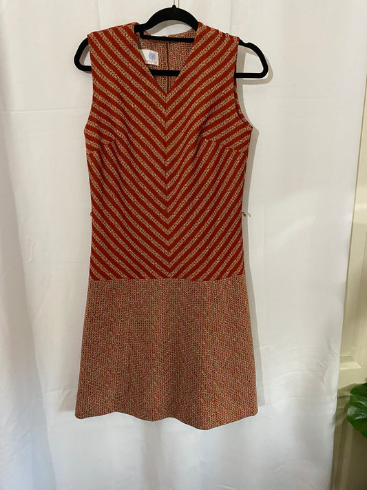 1970's Red V Neck Diagonal Stripped Mod Dress
