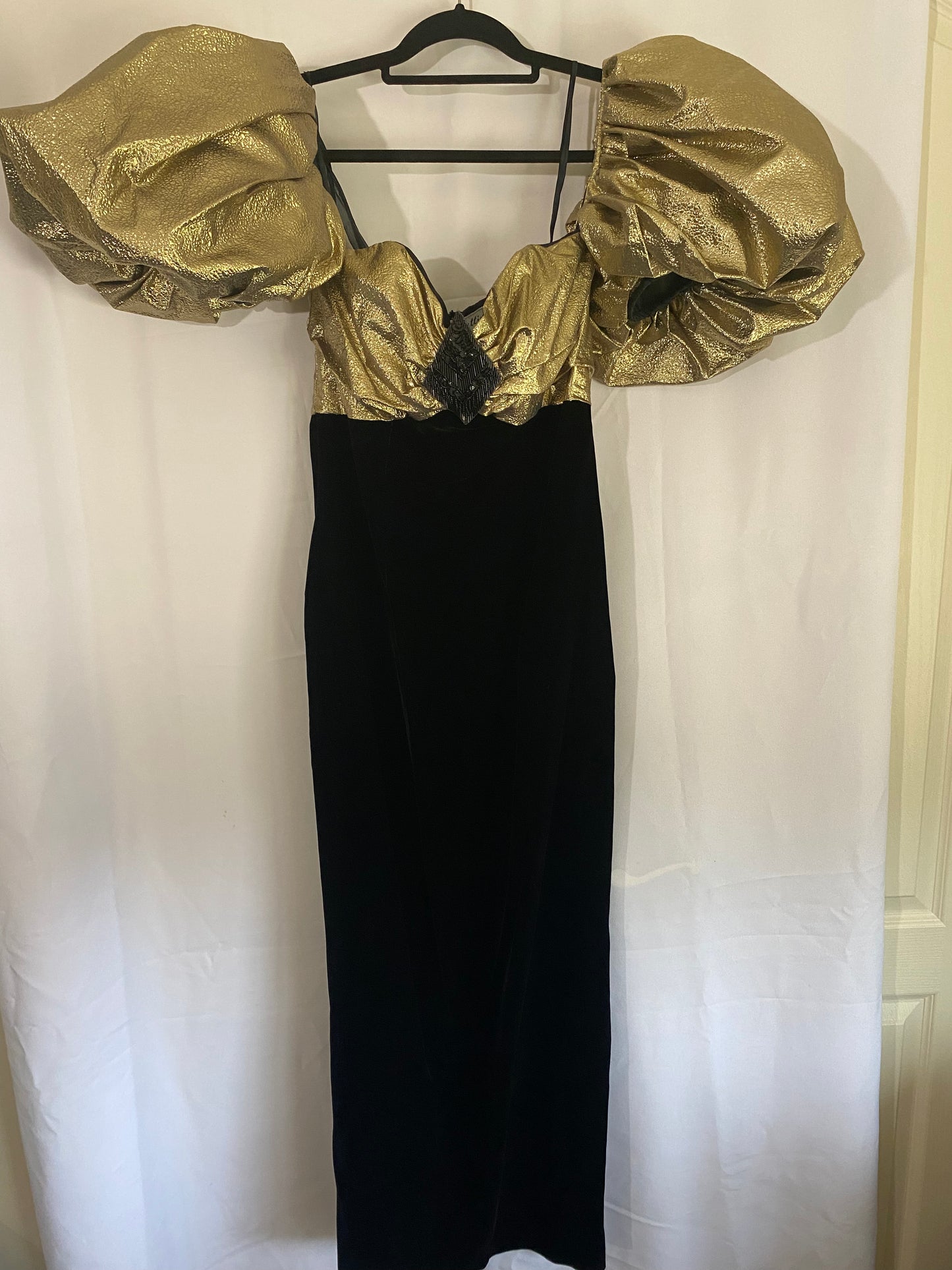1980's Black Velvet Dress with Gold Bodice & Voluminous Sleeves
