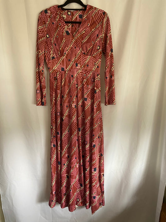 1970's Pink/Brown Long Sleeve Maxi Dress