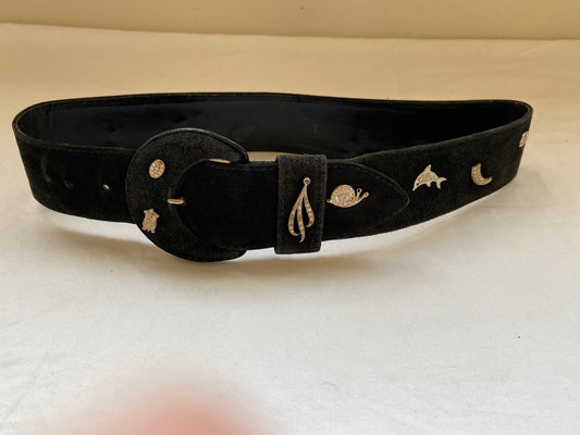 Black Suede Belt with Rhinestone Animals