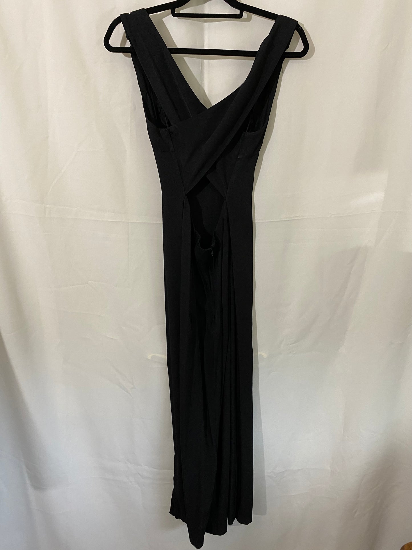 ﻿Black Midi Length Dress with Slit & Kris Cross Back