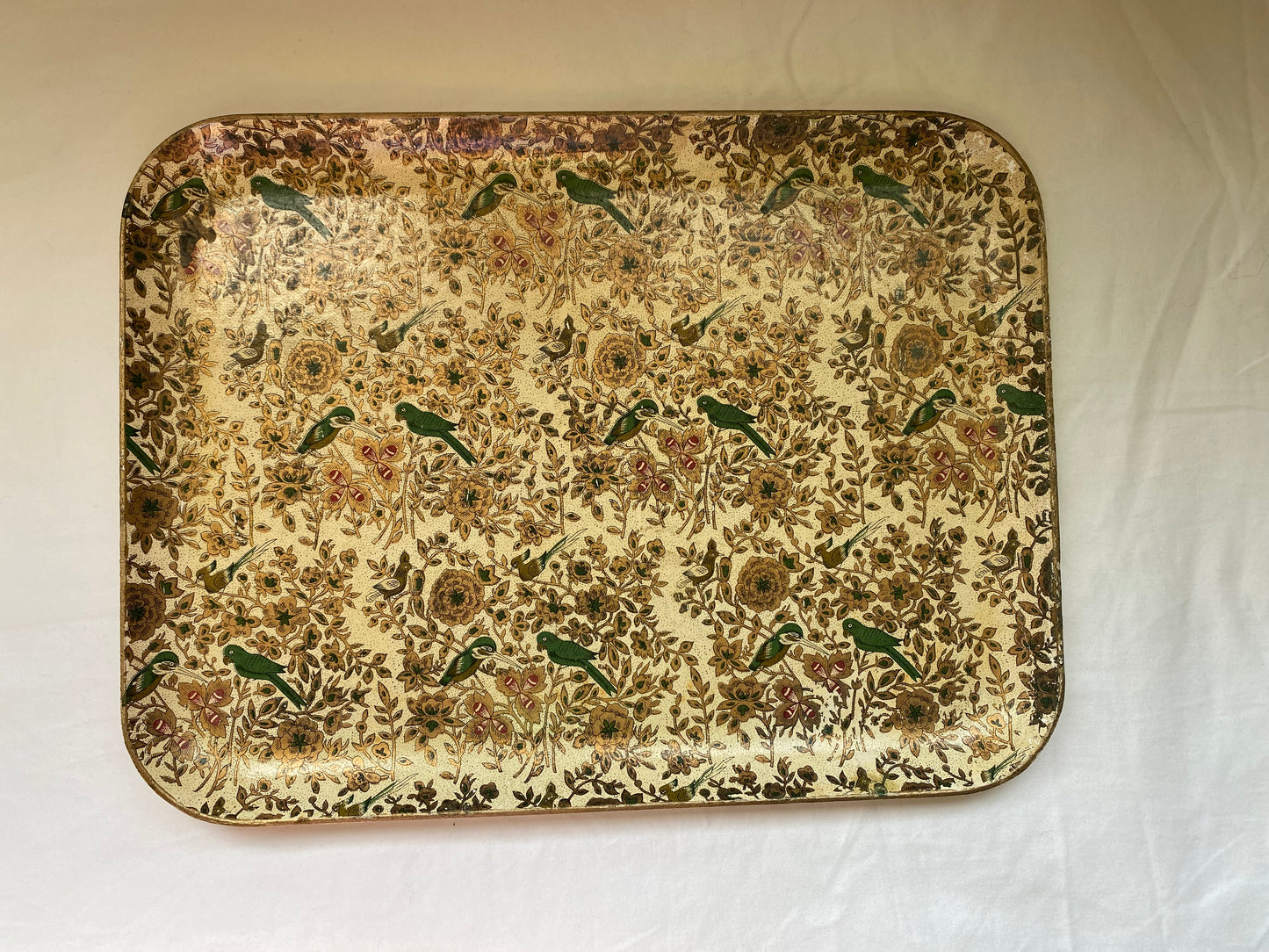 Cream Tray with Gold Florals & Green Birds