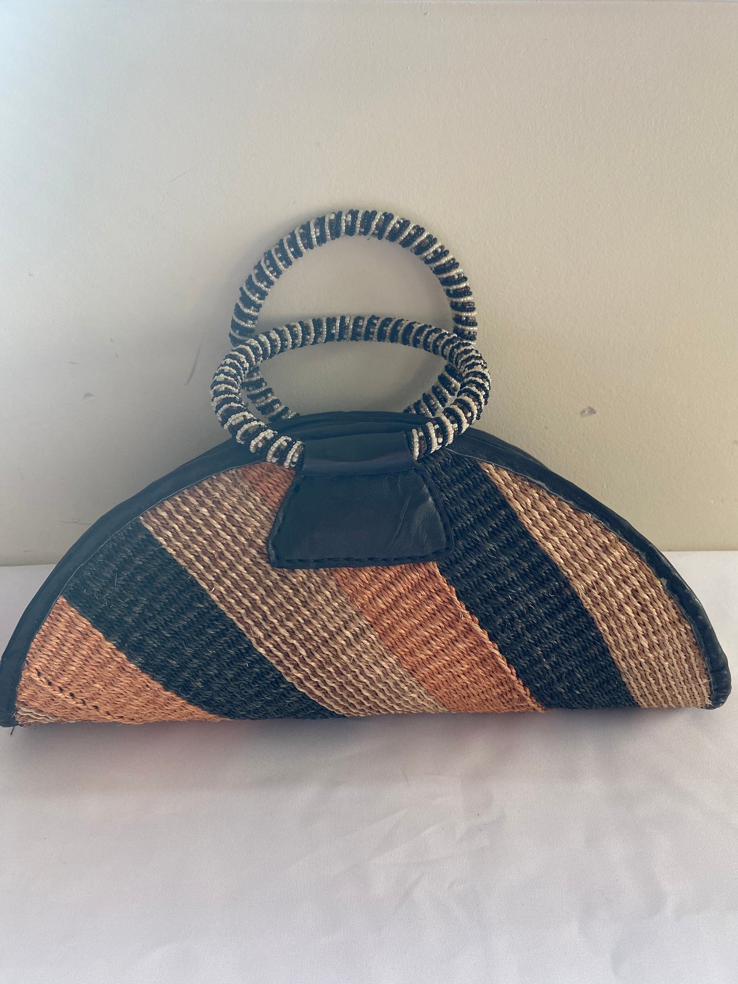 Striped Straw Bag with Beaded Handle