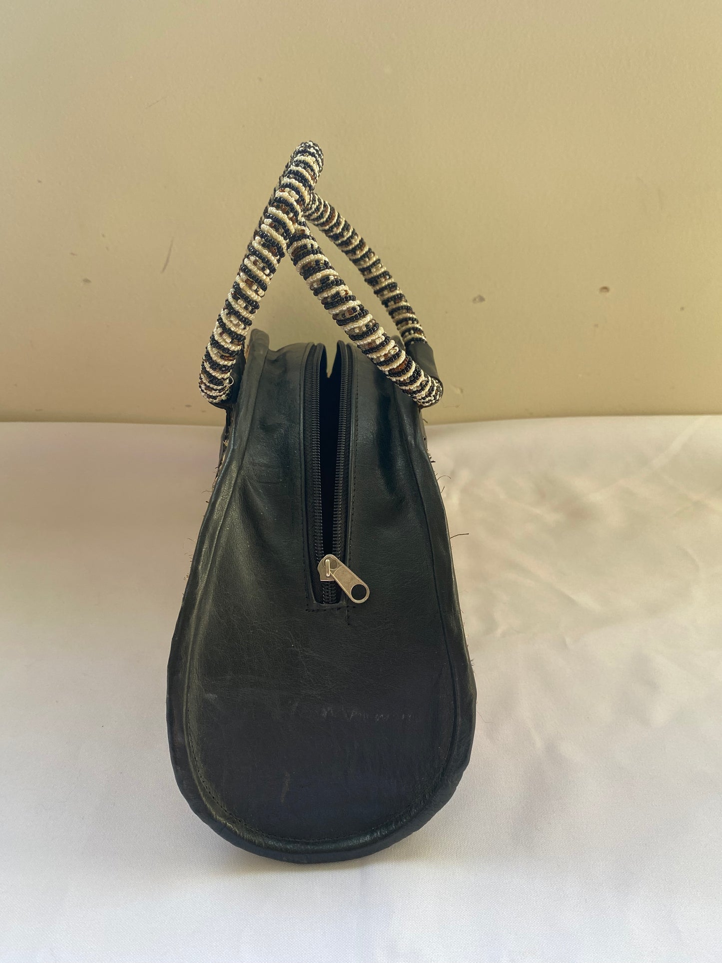 Striped Straw Bag with Beaded Handle