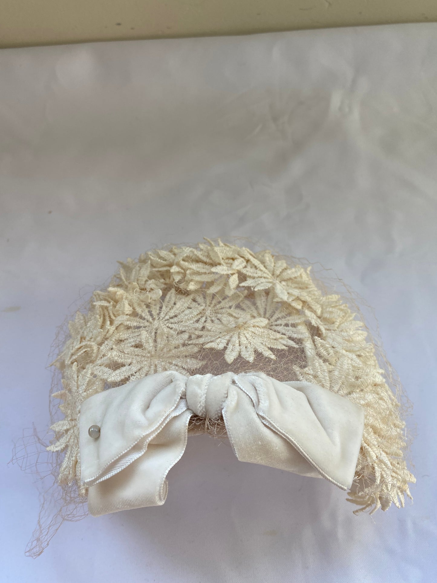 Cream Flower Headband Hat with Velvet Bow
