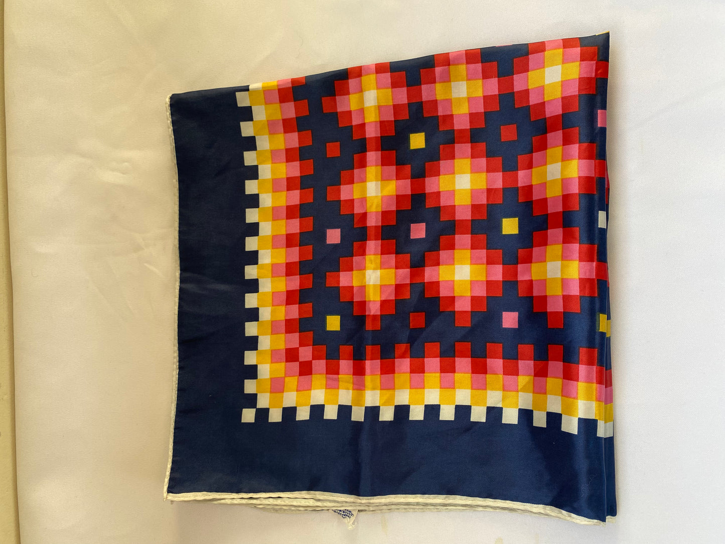 Blue Square Scarf with Geometric Shapes