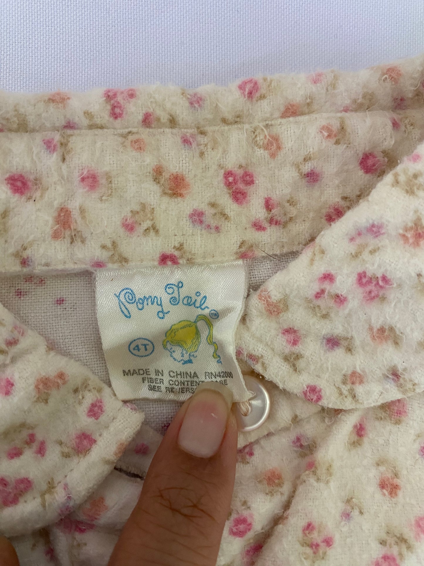 1980s Kid's Cream Long Sleeve Shirt with Pink Roses