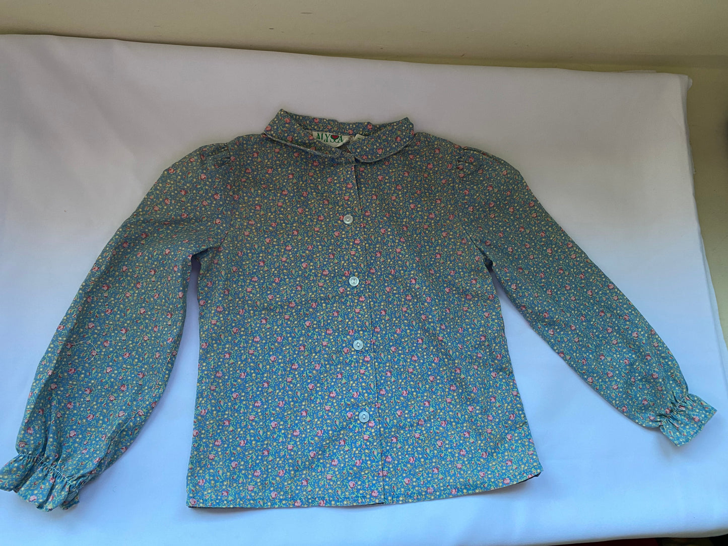 1980s Kid's Blue Long Sleeve with Pink Flower Shirt