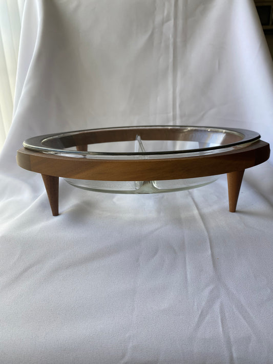 Mid Century Modern Divided Glass Dish with Walnut Stand