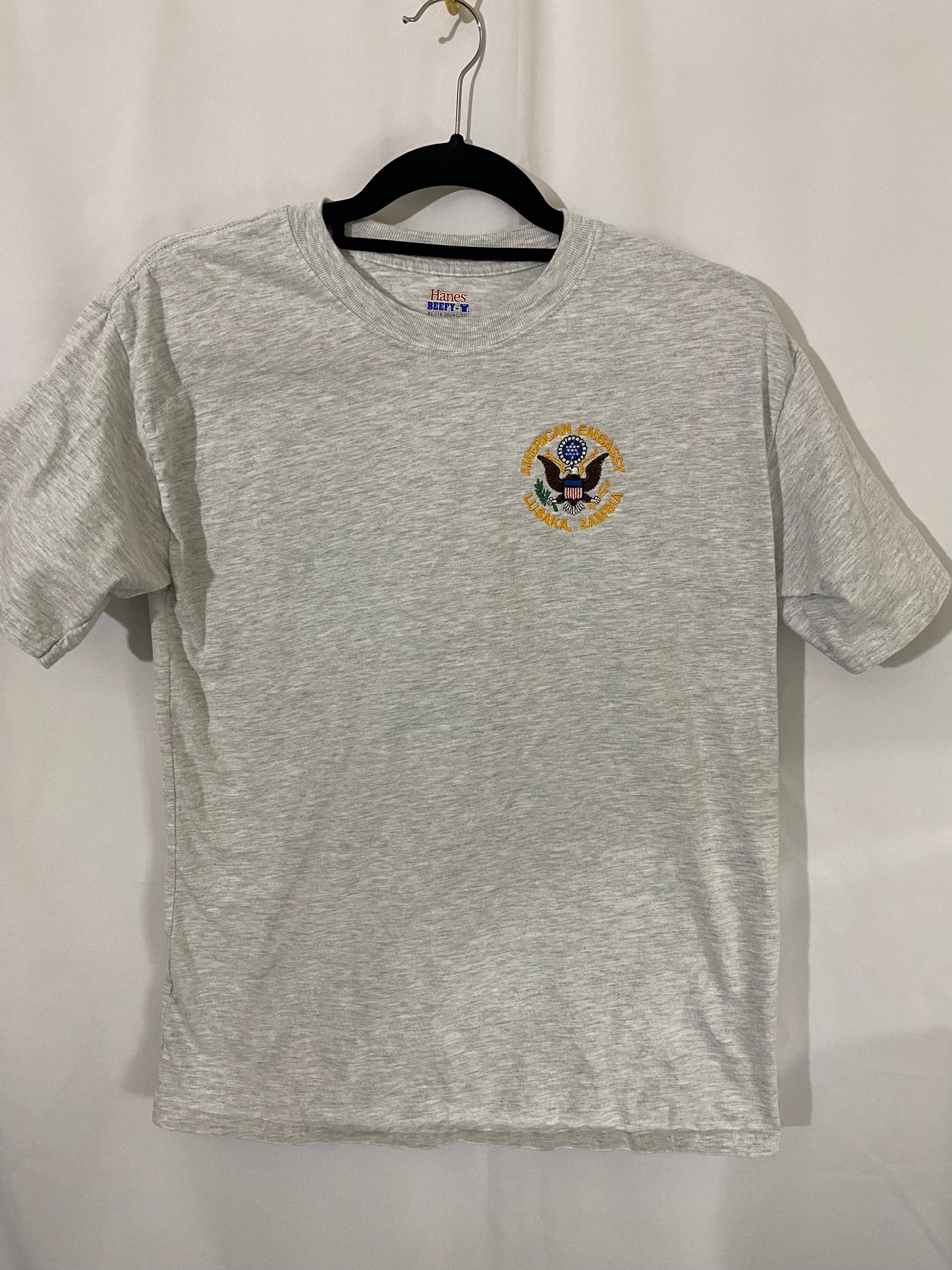 Embroidered American Embassy Lusaka Zambia Grey T-Shirt