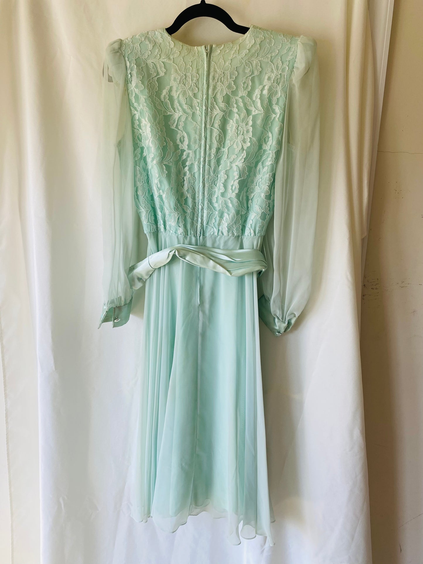 80s Teal Sheer/Lace Dress w/Flower Belt