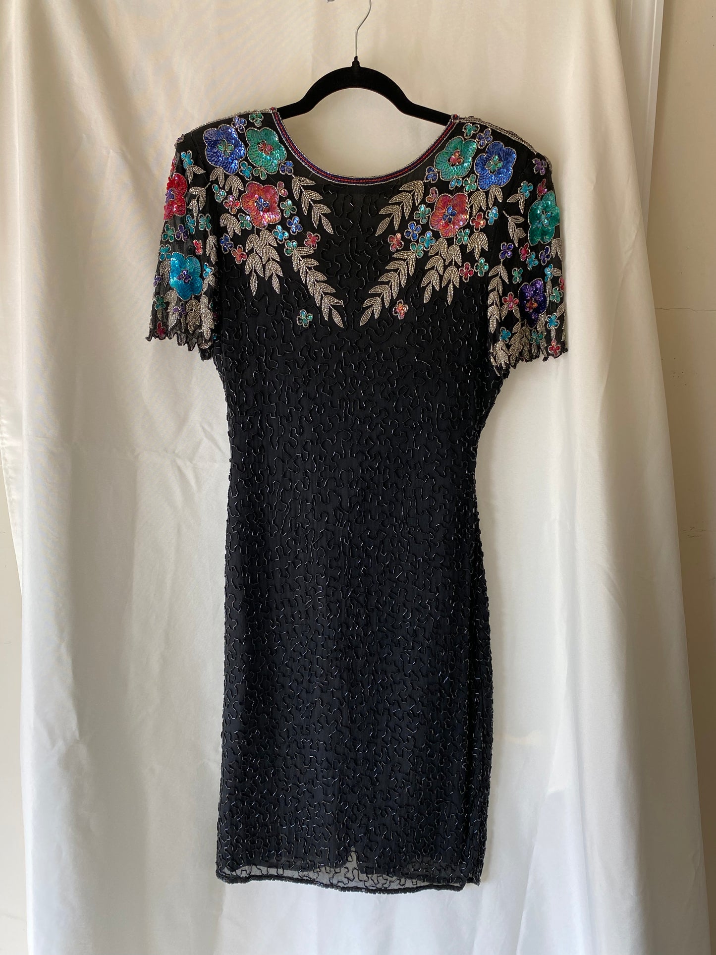 80s Black Sequined Dress w/Blue, Teal, Pink Flowers