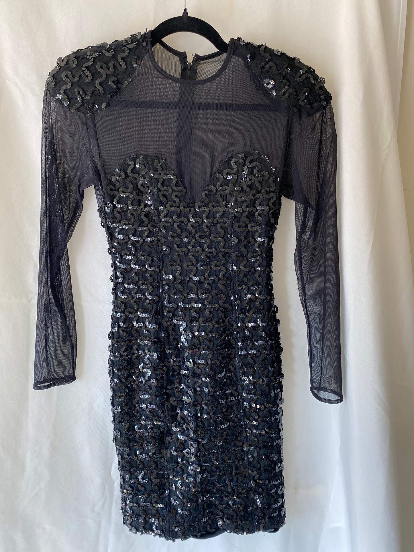 80s Betsy & Adam Black Long Sheer Sleeve Short Sequined Dress