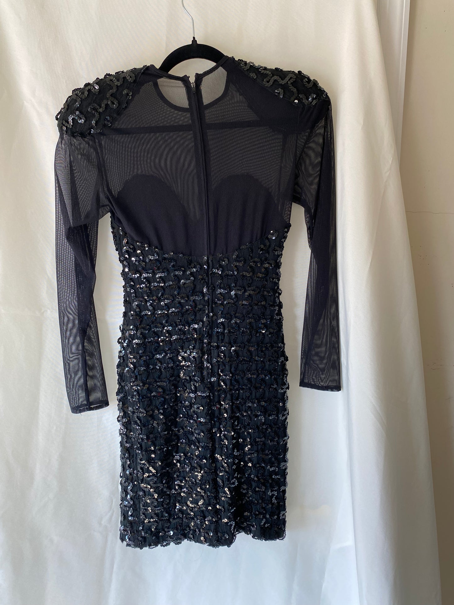 80s Betsy & Adam Black Long Sheer Sleeve Short Sequined Dress