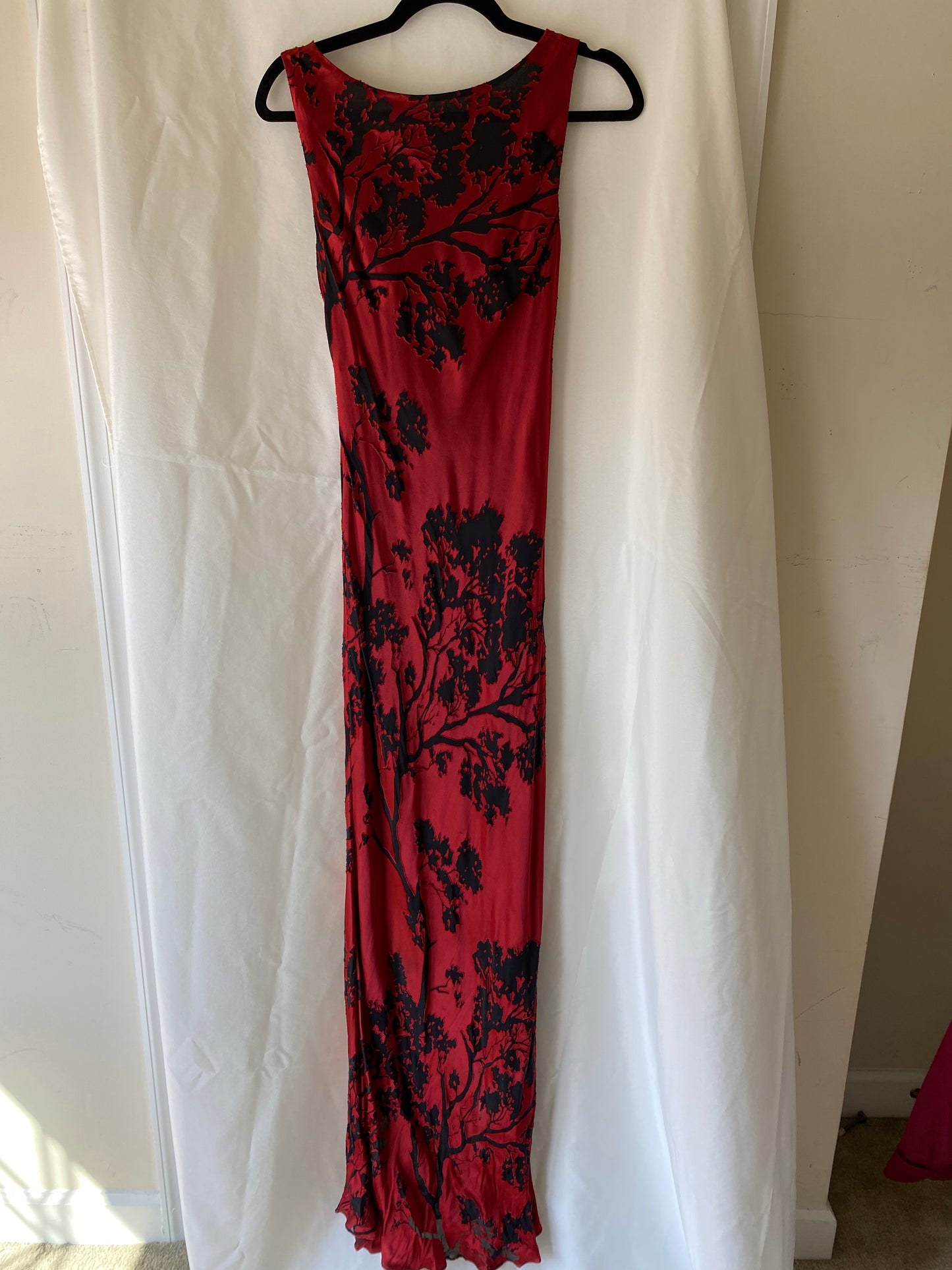 90s Red Long Dress w/Black Sheer Trees