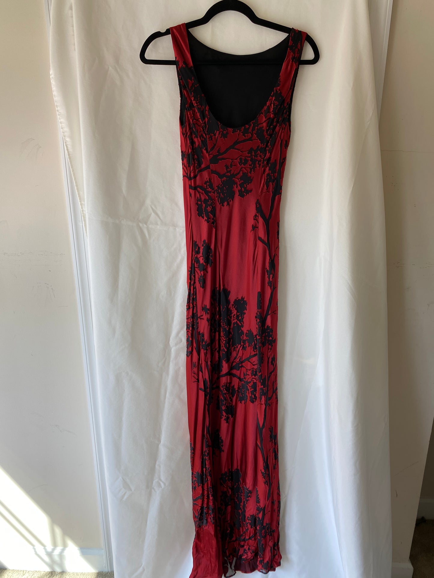 90s Red Long Dress w/Black Sheer Trees