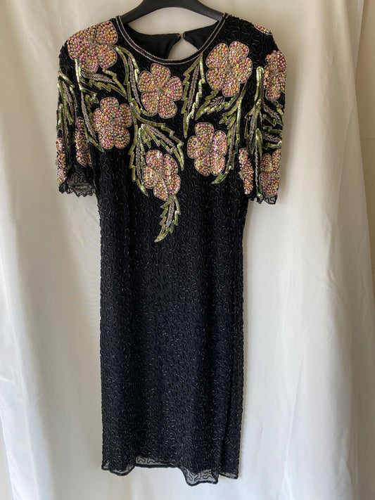 Vintage Black Sequined Dress w/Pastel Flowers