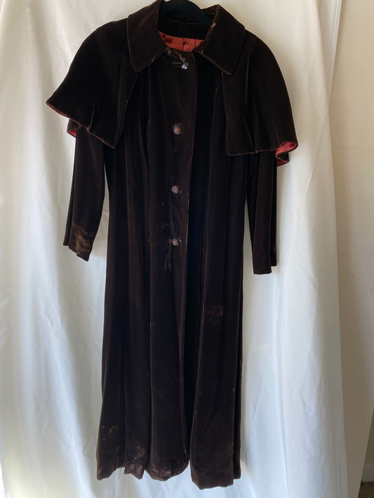 Vintage Chocolate Brown Velvet Floor Length Jacket w/Cape