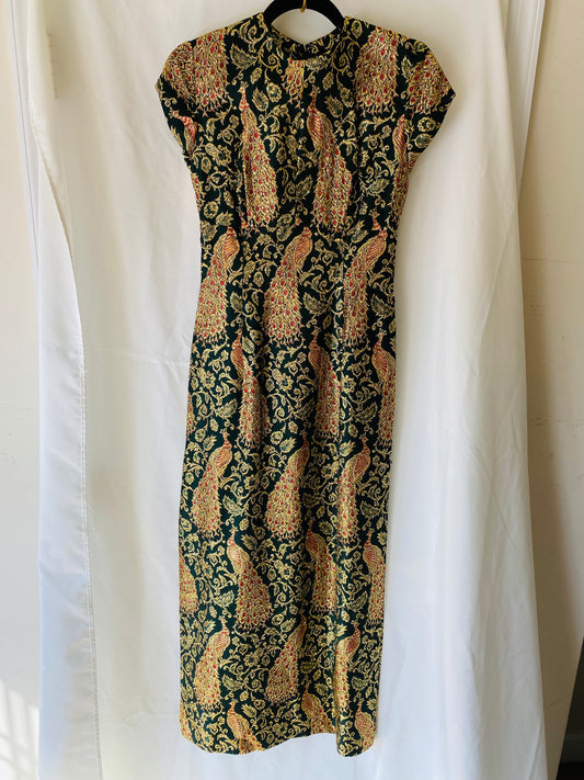 Dark Green Brocade Dress w/Gold Peacocks