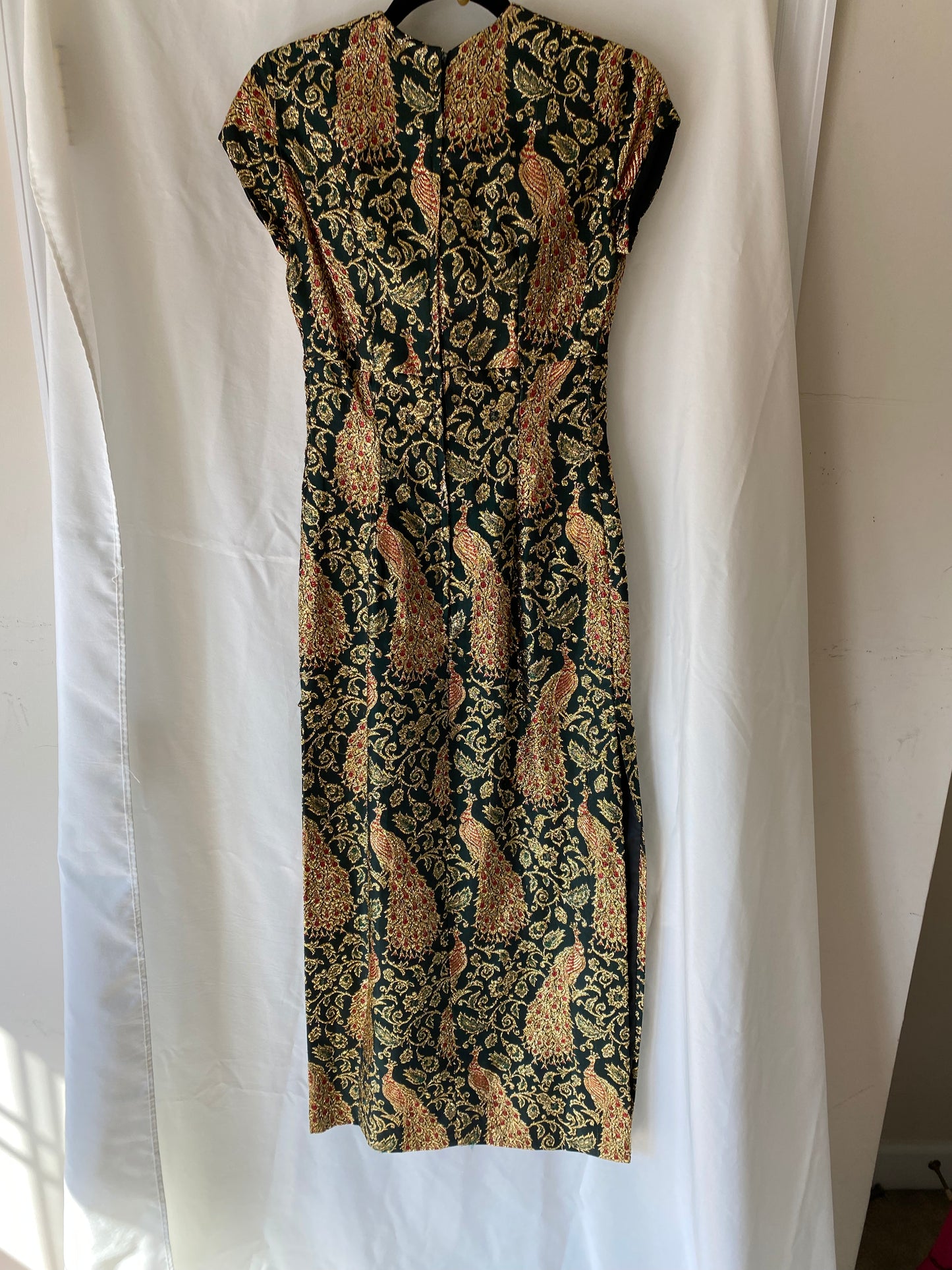 Dark Green Brocade Dress w/Gold Peacocks